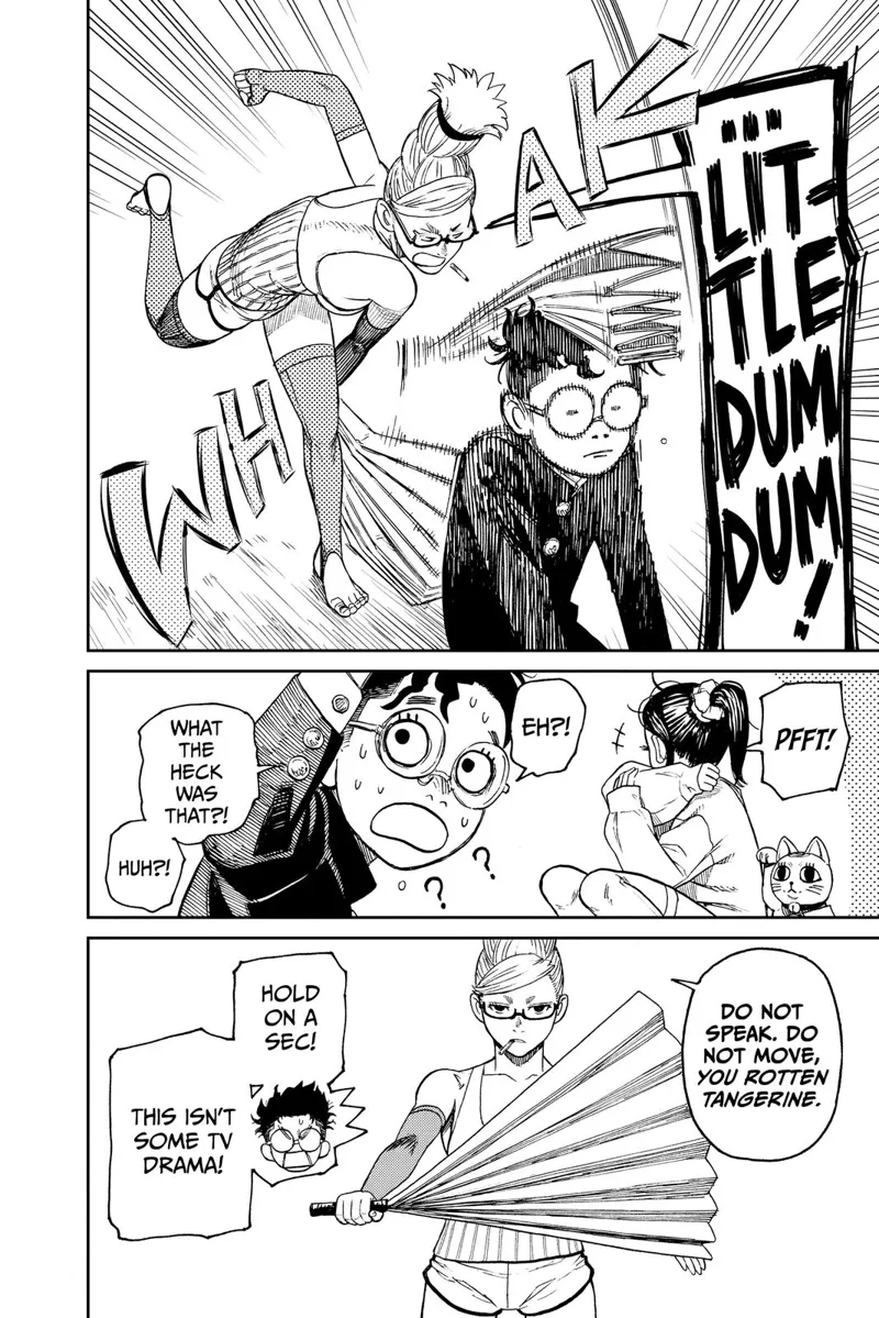 Grandma suddenly smacks Okarun's head. Okarun turns around, wondering what just happened. Grandma says not to speak or move.