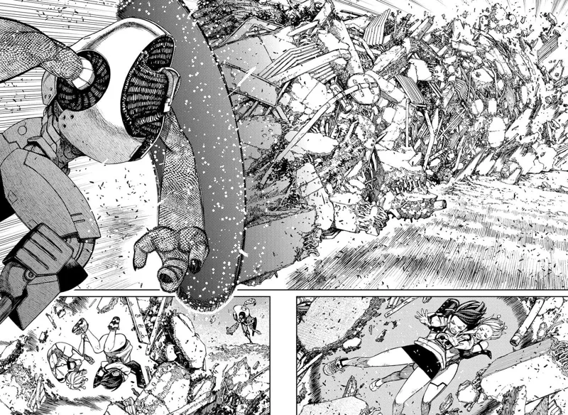 The alien leader hurles more debris at Momo and Vamola. Momo uses her powers to protect them.