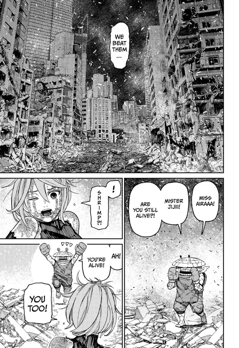 Mr. Shrimps walks on the rubble, calling Aira and Jiji. He is glad after seeing Aira alive and well.