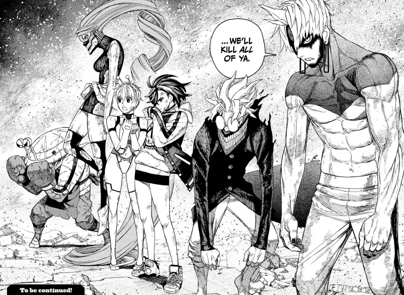 Evil Eye, cursed Okarun, Momo, Vamola, cursed Aira, and Mr. Shrimp stand in line ready to fight.