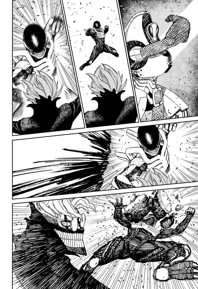 The skinny alien jumps and attacks cursed Okarun with a punch. The skinny alien gets hit by a rock.