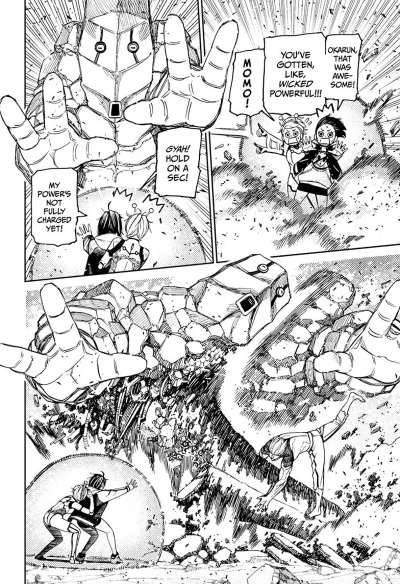 Momo is surprised at Okarun's power-up. Vamola tells her about a huge alien attacking them. Evil Eye pummels the alien.