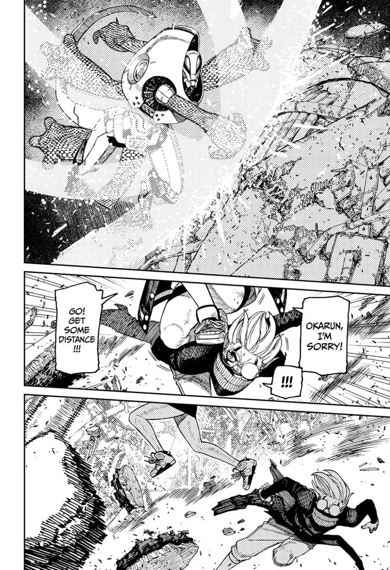 The alien leader defends with a spatial barrier. Momo jumps from Curse Okarun's back and tells him to get away.