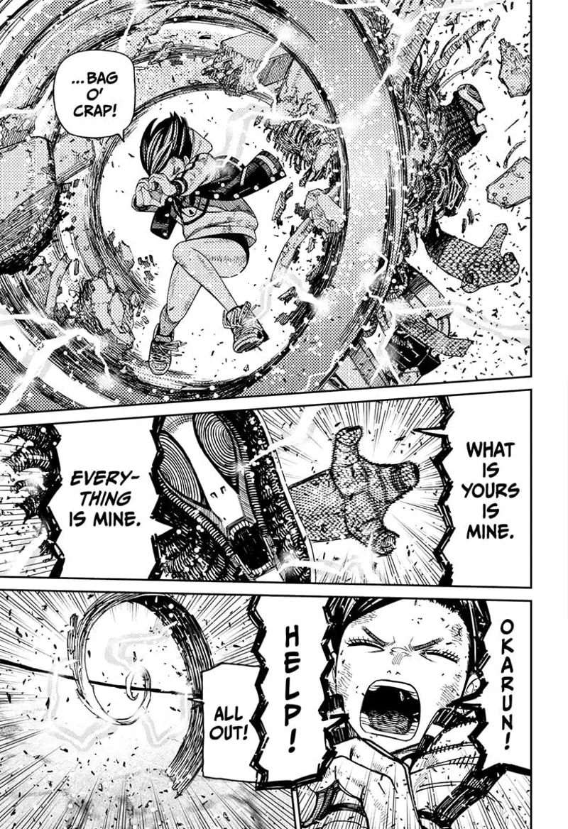 Momo bursts out from the alien's back. She cries for Okarun's help as the alien leader attacks her.