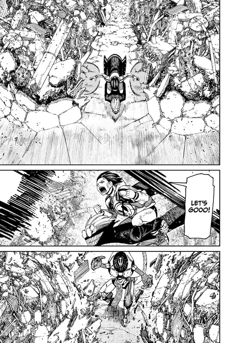 Curse Okarun runs in between debris while carrying Momo. They get close to the alien leader.