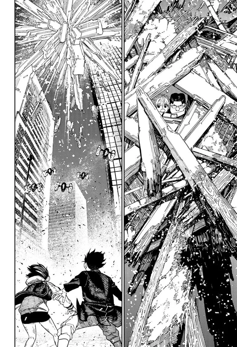 Kinta and Vamola hide inside the Nanoskin, which now forms like an urchin. Momo and Okarun watch from below.