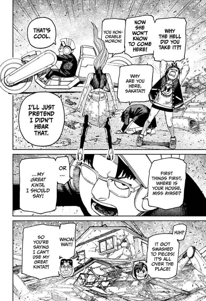 Kinta pretends he didn't hear Momo and cursed Aira's scolding. He asked for the house. Momo said it was smashed into pieces.