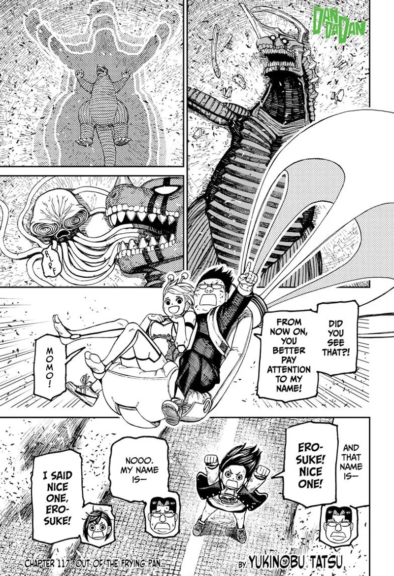The Kaiju shrinks, and the alien octopus piloting it comes out of its mouth. Kinta and Vamola eject with a parachute.