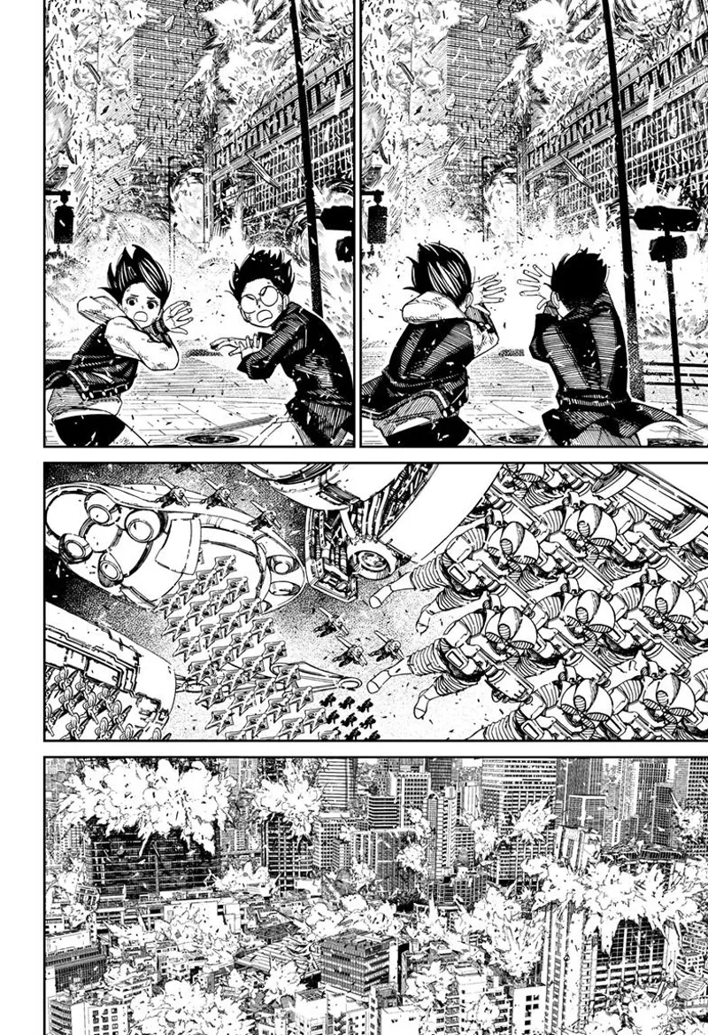 Momo and Okarun take cover and watch as thousands of soldiers are deployed from the alien ships. The buildings are destroyed.
