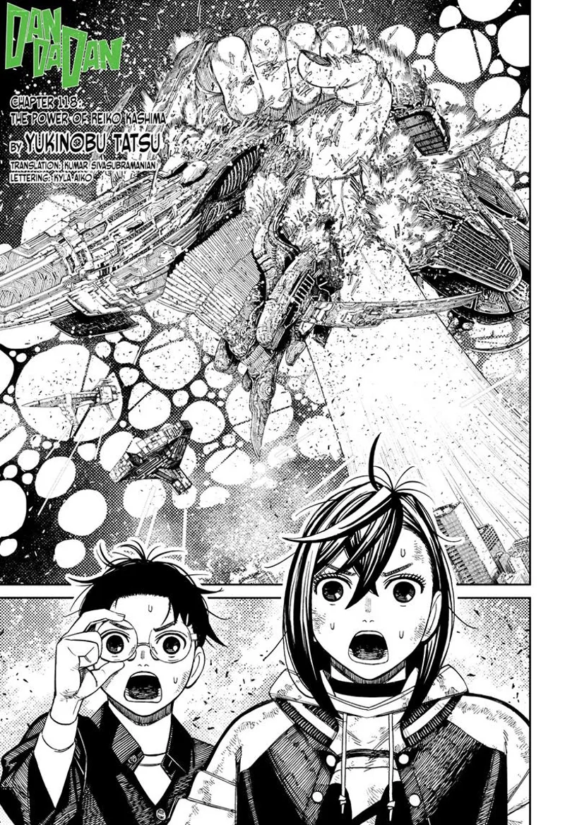 Momo and Okarun are shocked after a huge hand from the city destroys the alien mothership.