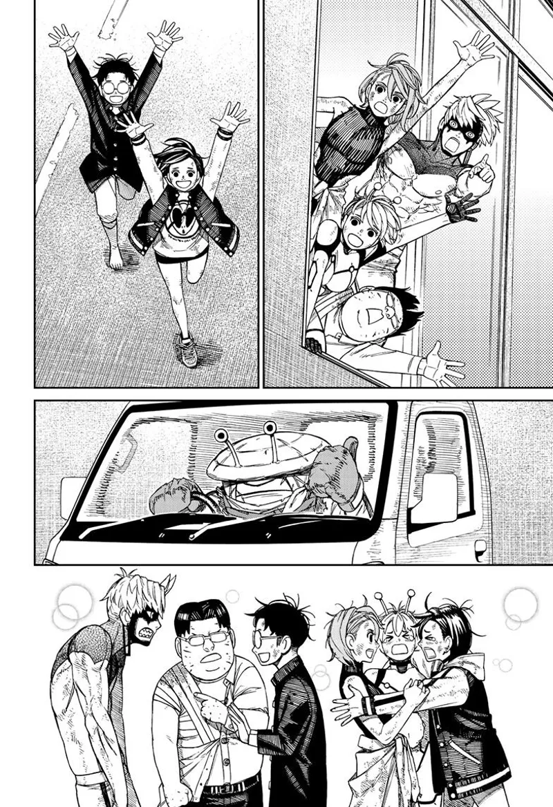 Evil Eye, Aira, Vamola, and Kinta waves from the window. Okarun and Momo run towards them, and they hug.