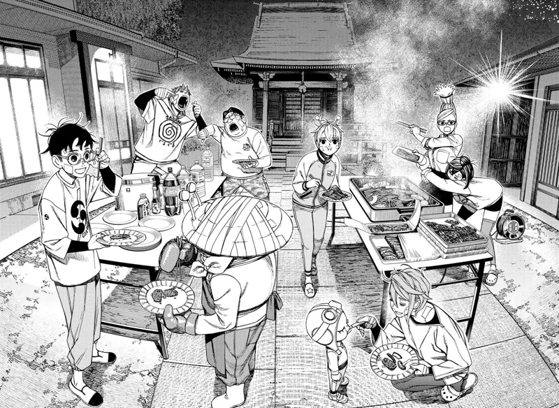 Grandma prepares a feast, and everyone is enjoying their meals.