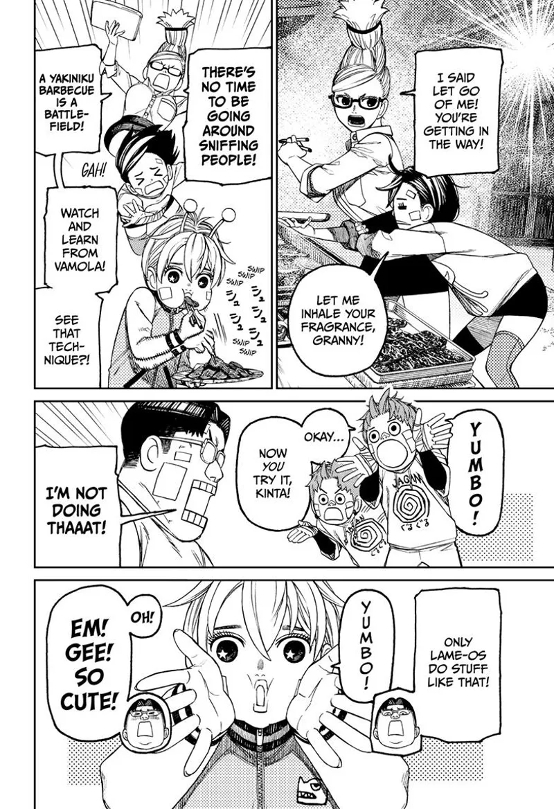 Momo embraces Grandma and sniffs her. Vamola is eating and does Yumbo gestures the same as Jiji.