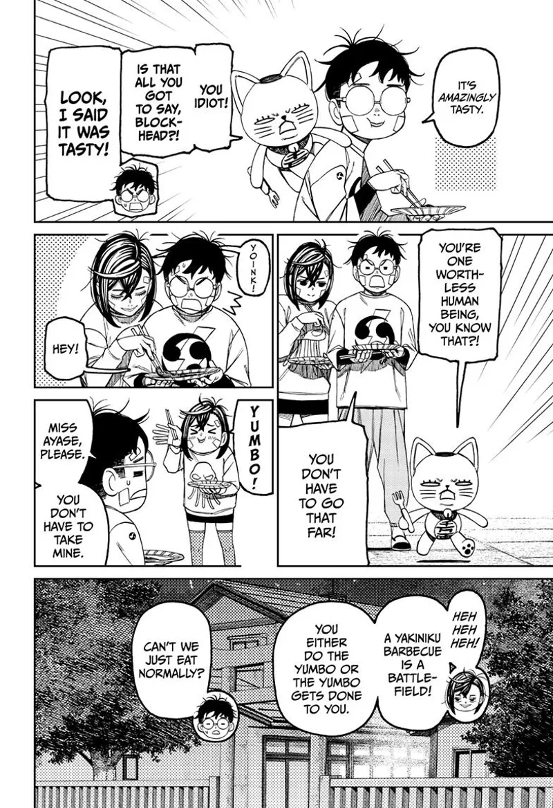 Turbo Granny walks away. Momo walks beside Okarun and makes a Yombu gesture.