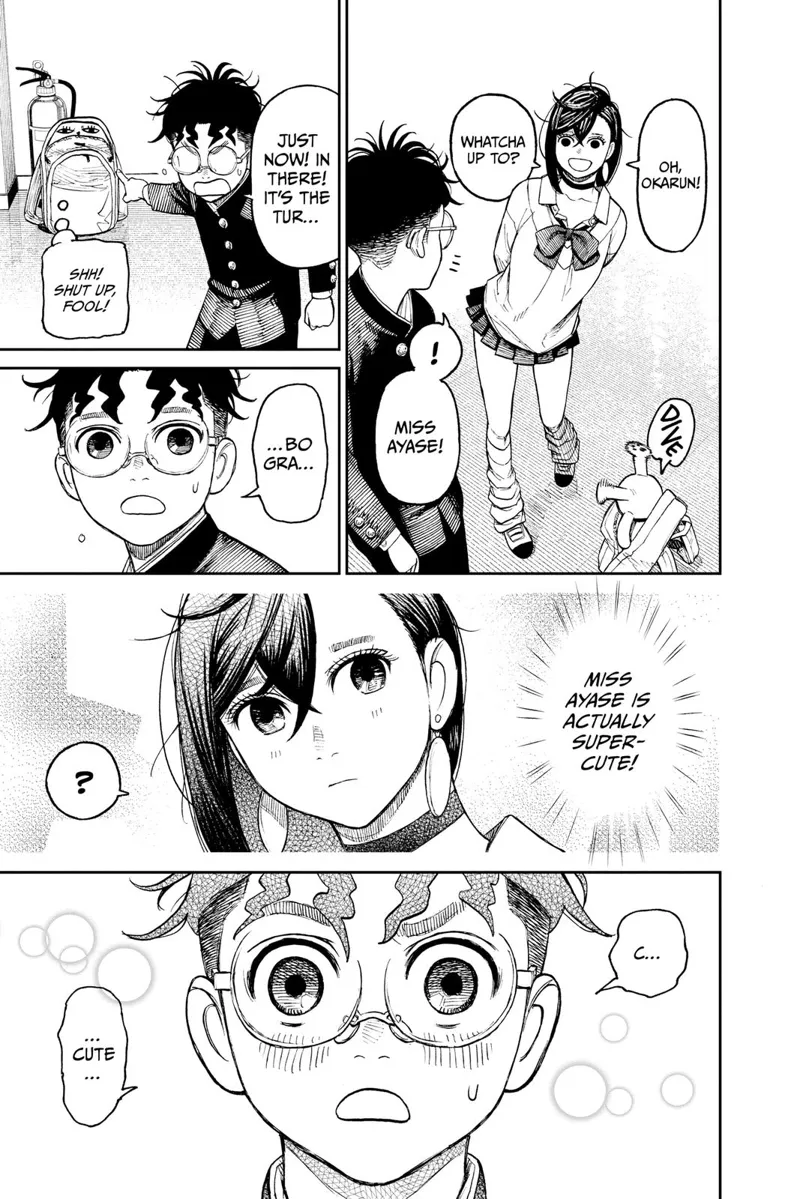 Momo appears. Okarun reveals Turbo Granny is inside her backpack. He didn't finish his sentence, noticing Momo's cuteness.