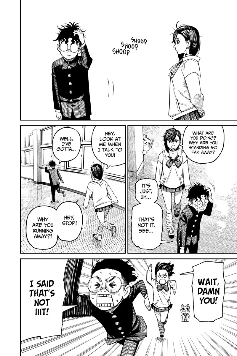 Okarun suddenly gets shy, turns away, and runs. Momo chases him.