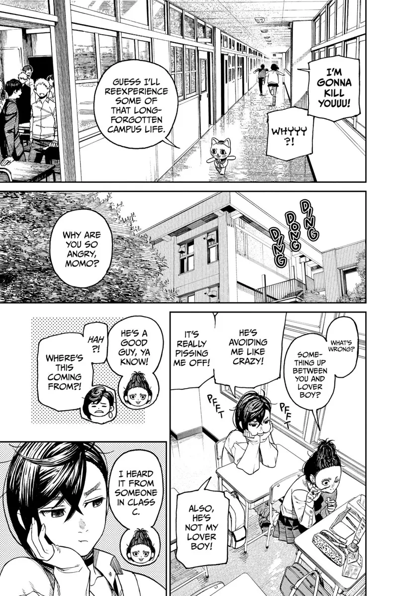 Turbo Granny walks in the opposite direction from Momo, chasing Okarun. Back in the classroom, Okarun gets bummed out.