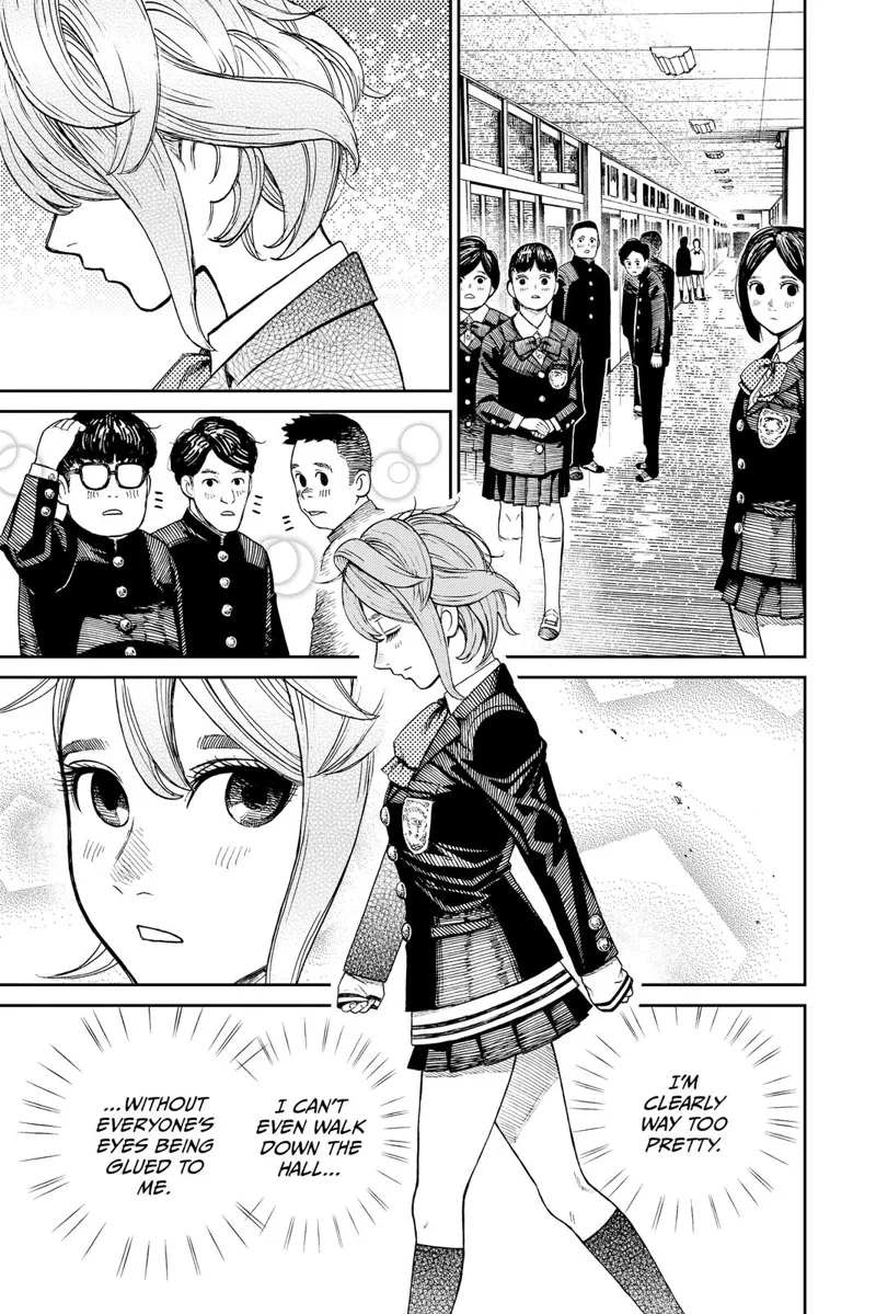 Outside, the students turn their heads as Aira walks by.