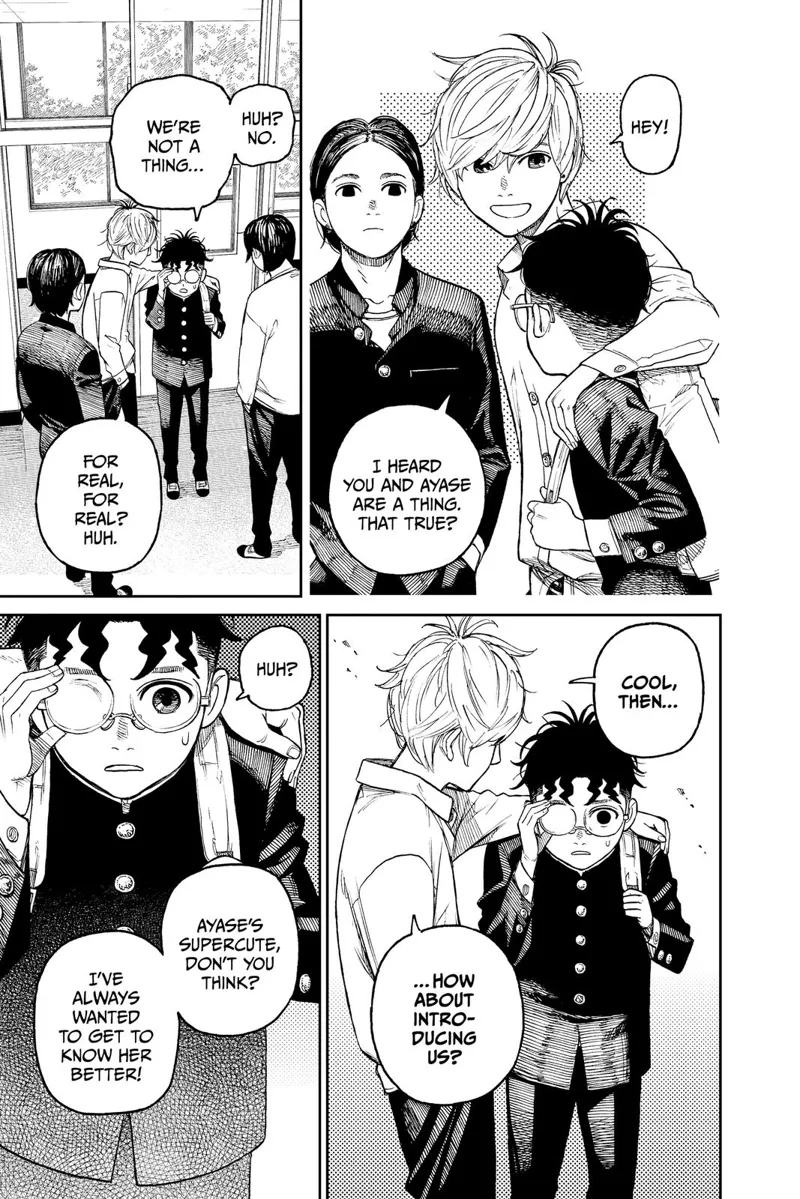 A student puts his arm on Okarun's shoulder and asks if he can introduce him to Momo Ayase.