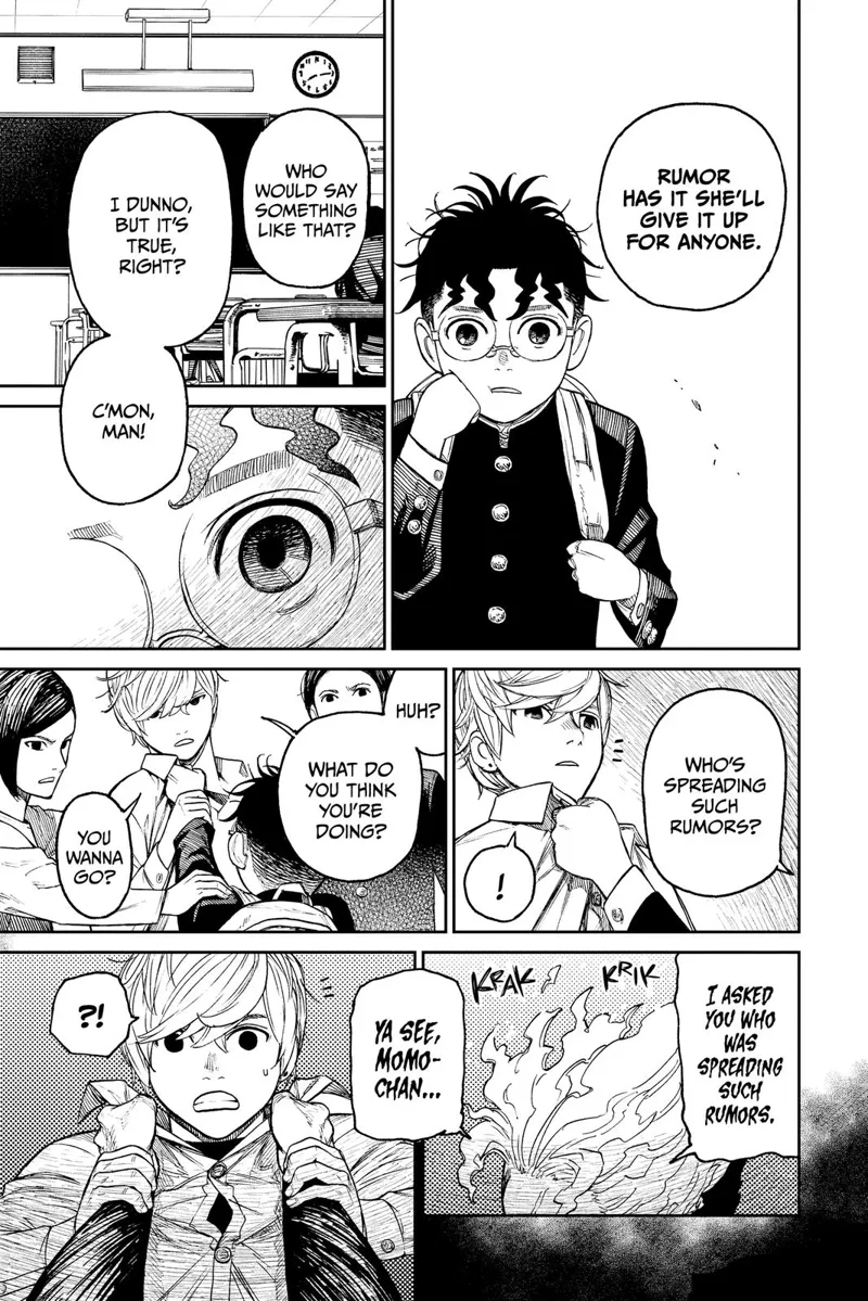 Okarun suddenly transforms into his cursed form and grabs the student's neck after hearing impure things about Momo.