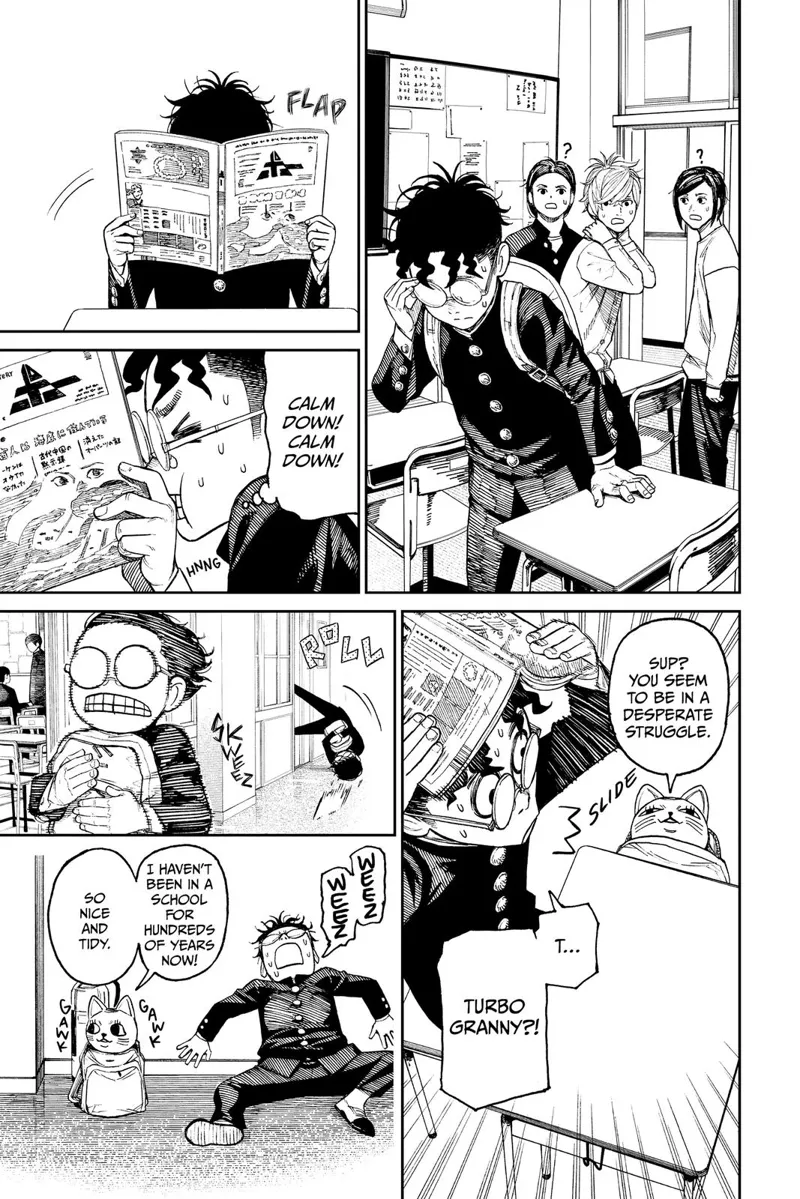 Okarun goes to his chair and starts reading nervously. Suddenly, Turbo Granny shows up from her backpack.