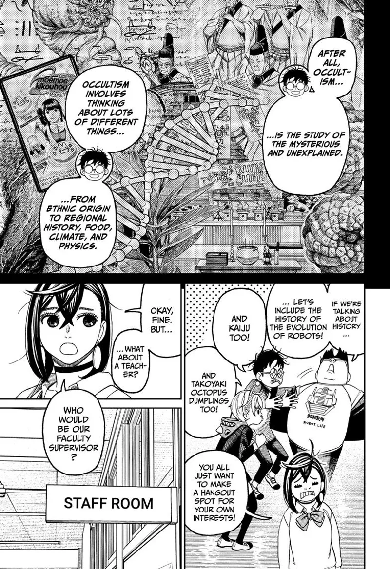 Okarun explains what an Occult Club is. They suggest including robots, Kaiju, and dumplings.