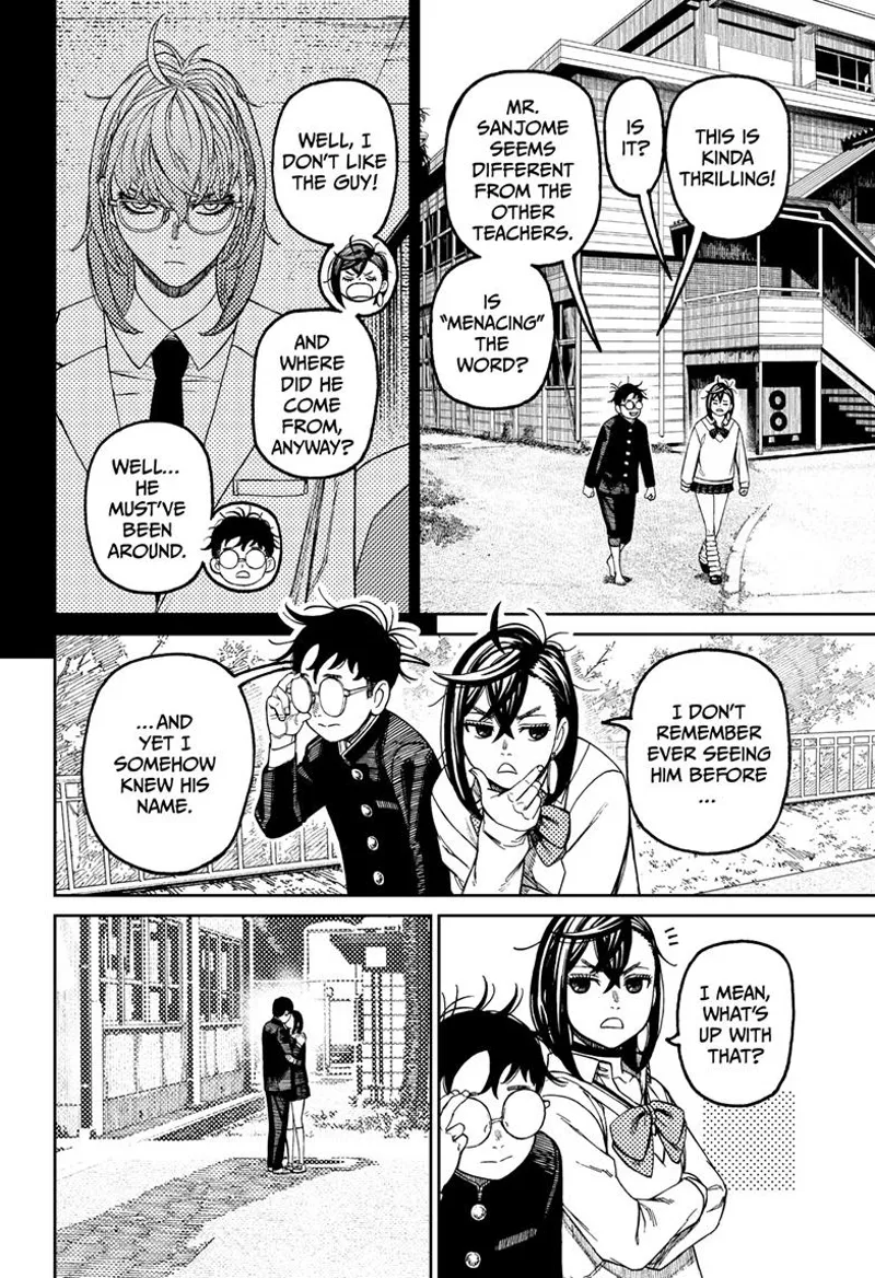 Momo and Okarun walk and talk about Mr. Sanjome, who seems suspicious still. They saw two students kissing.