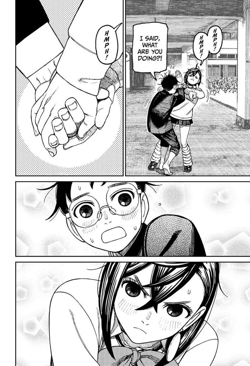 Okarun tries to stop Momo, but they suddenly hold hands.