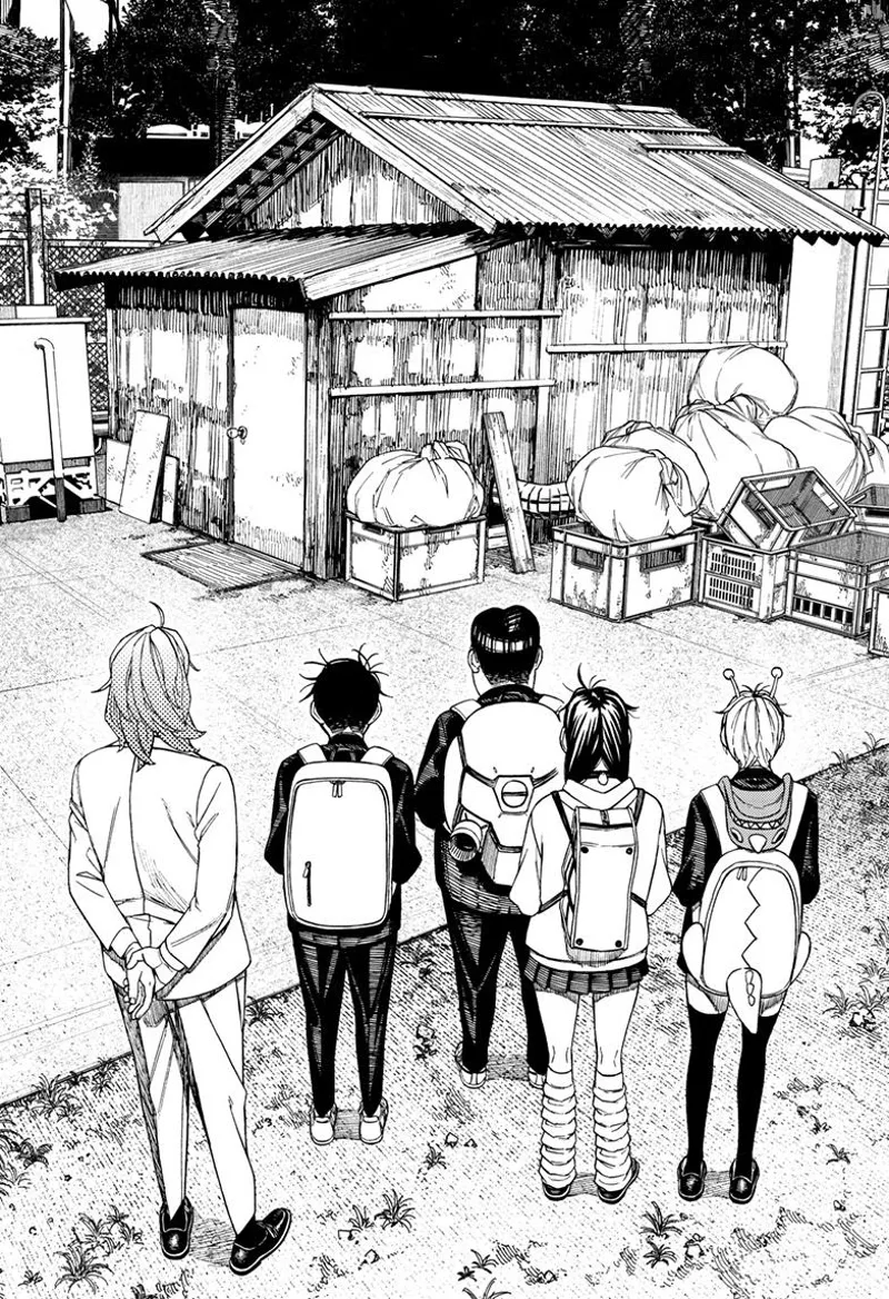 Mr. Sanjome shows them a small, old, wooden room with crates and huge bags outside.