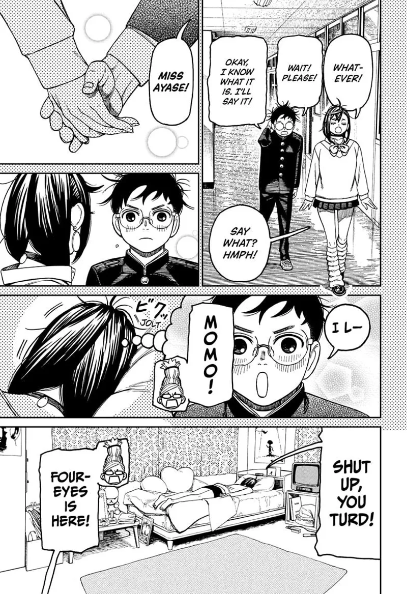 Momo starts daydreaming with Okarun. Grandma calls her and says Okarun is looking for her.