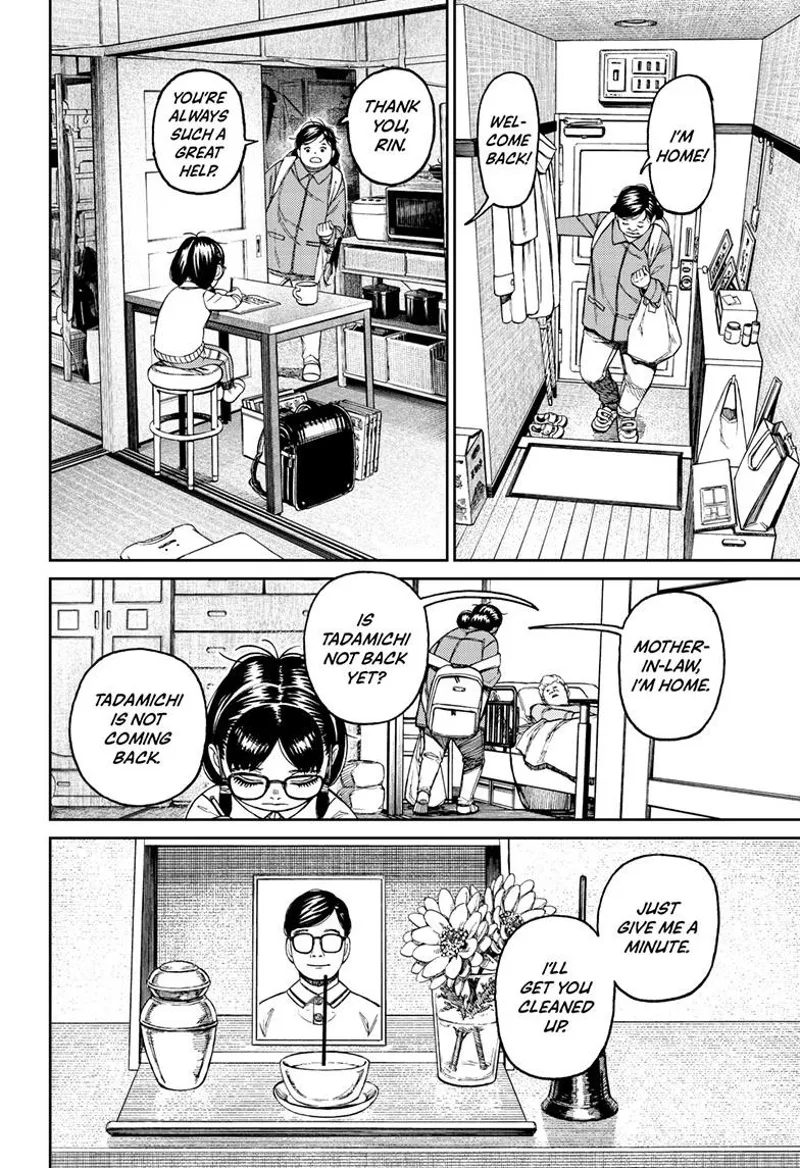 Rin sits at the table doing her homework. Her mother arrives and tends to her mother-in-law in bed.