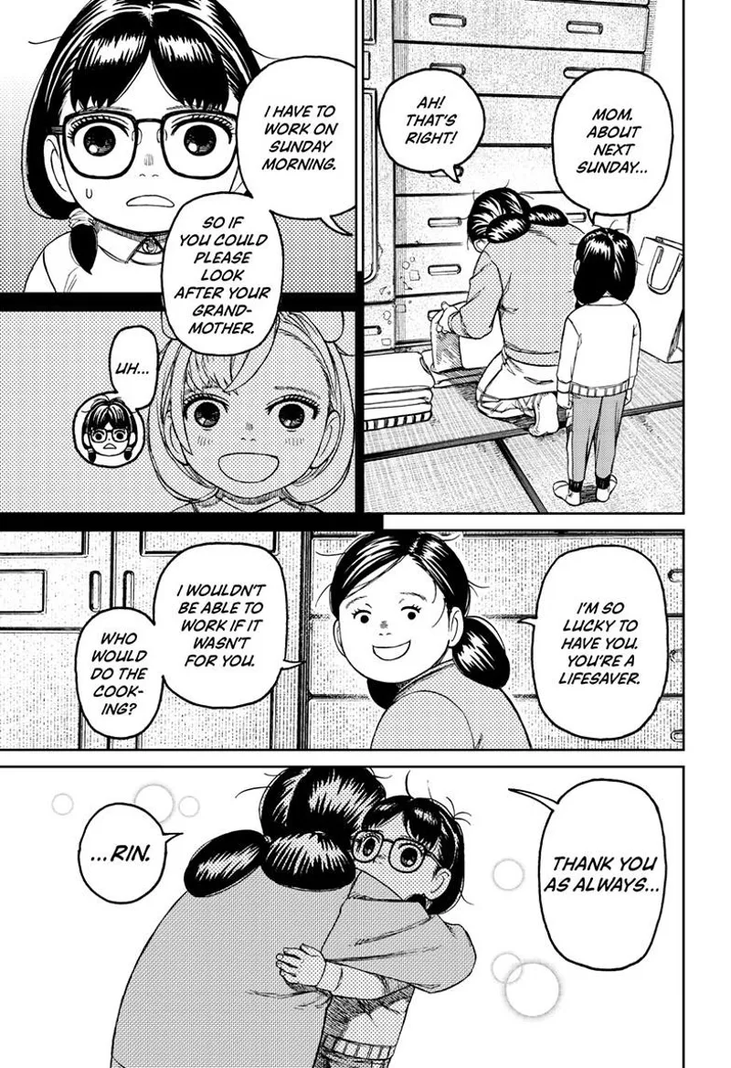 Rin asks her mother about an event on Sunday. Rin's mom embraces her for doing house chores so she can work.