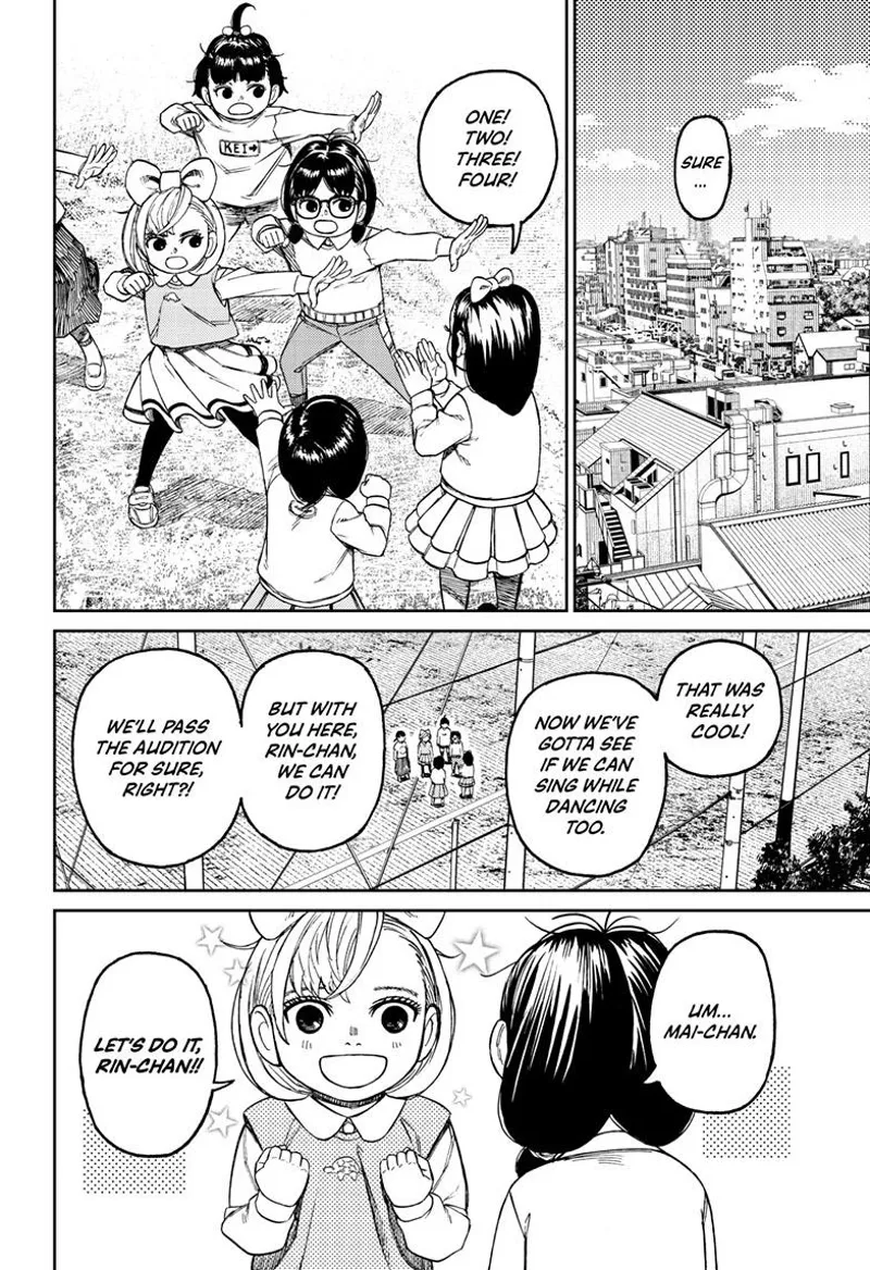 Rin and her friends are rehearsing their performance at a field in school.