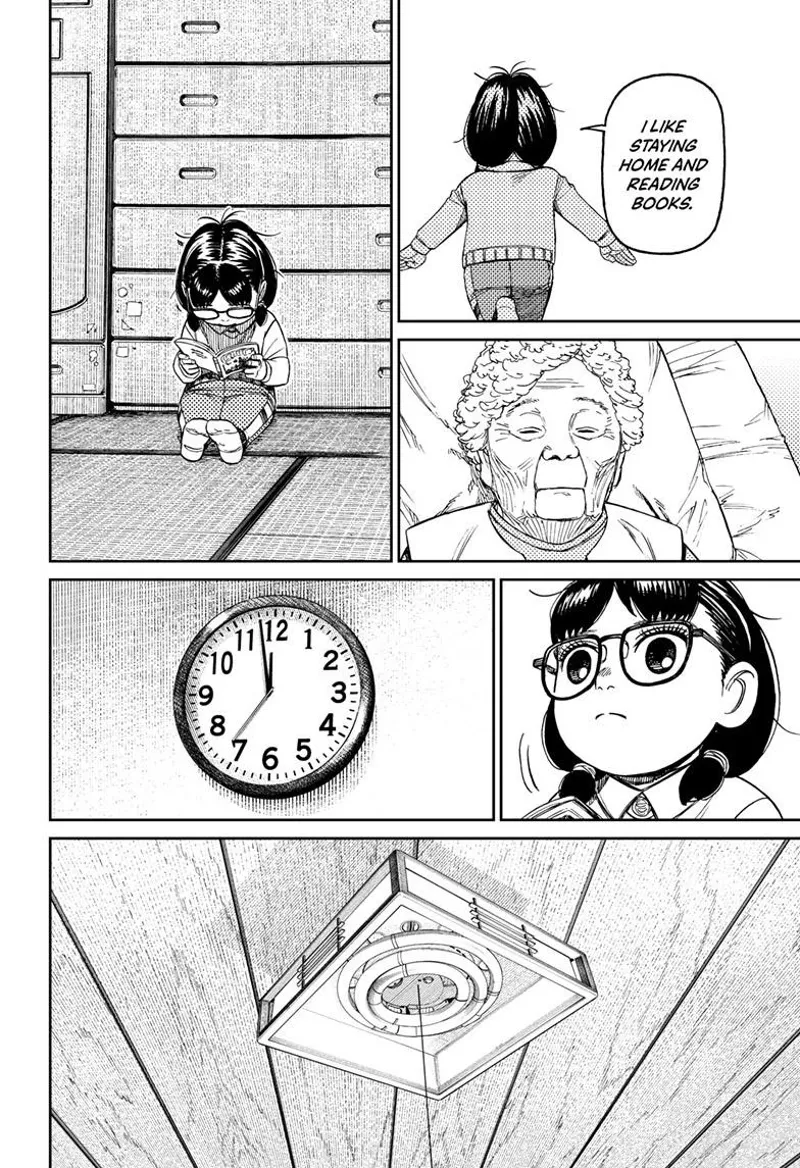 Rin sits down and reads a book while her grandmother sleeps.