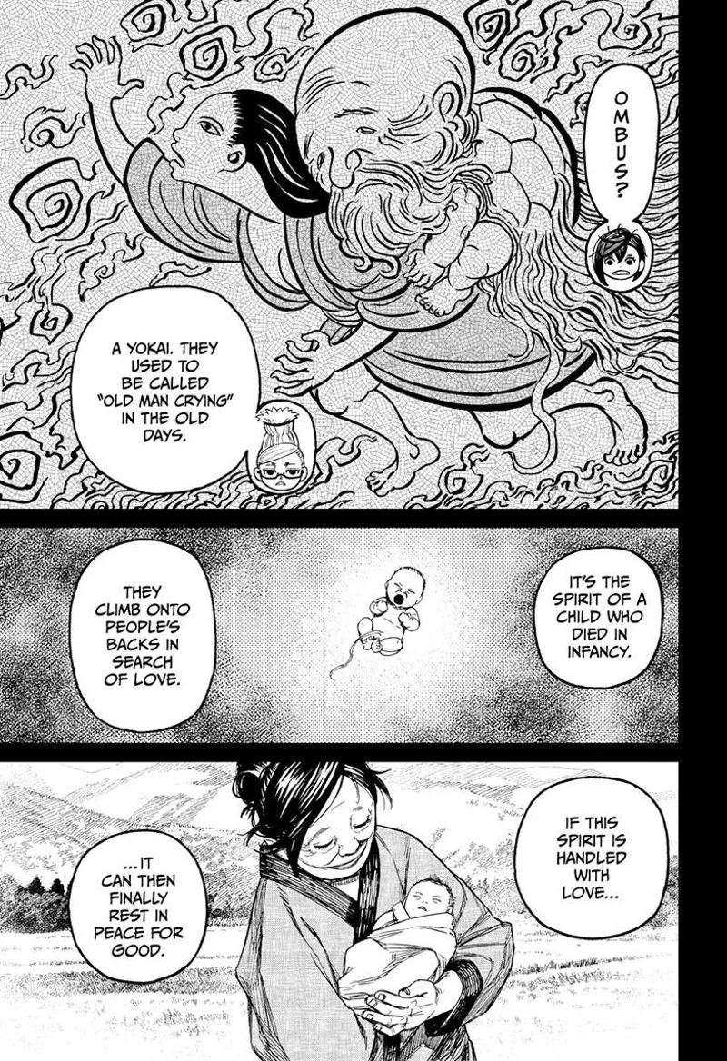 Grandma reveals the Ombus as a Yokai child who died as a child and will rest in peace if handled with love.