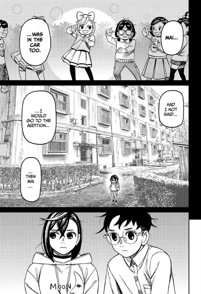 Rin says Mai was in the car, too. Okarun and Momo listens.