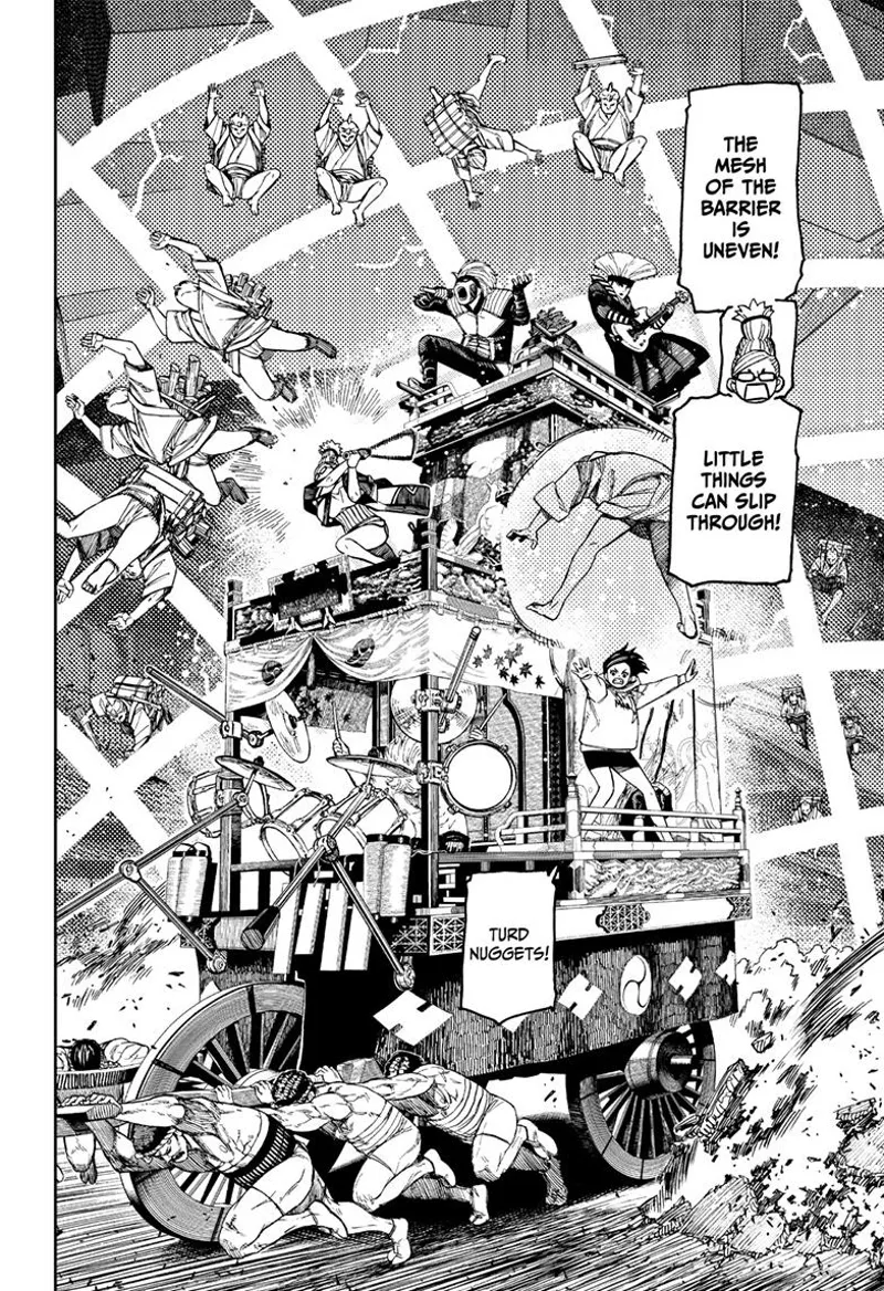 Runner spirits slip through the barrier mesh. Momo and Grandma repel them. The Hayashi Band keeps playing.