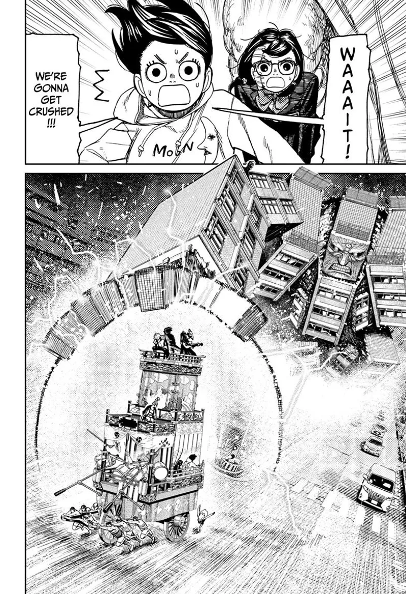 Momo and Rin are nervous. The monster tries to grab the cart, but they are protected by a spherical barrier.