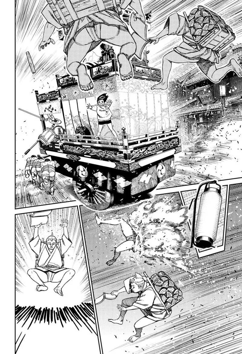 Two runners jump towards the cart. Momo deflects one of them while the other is about to land.