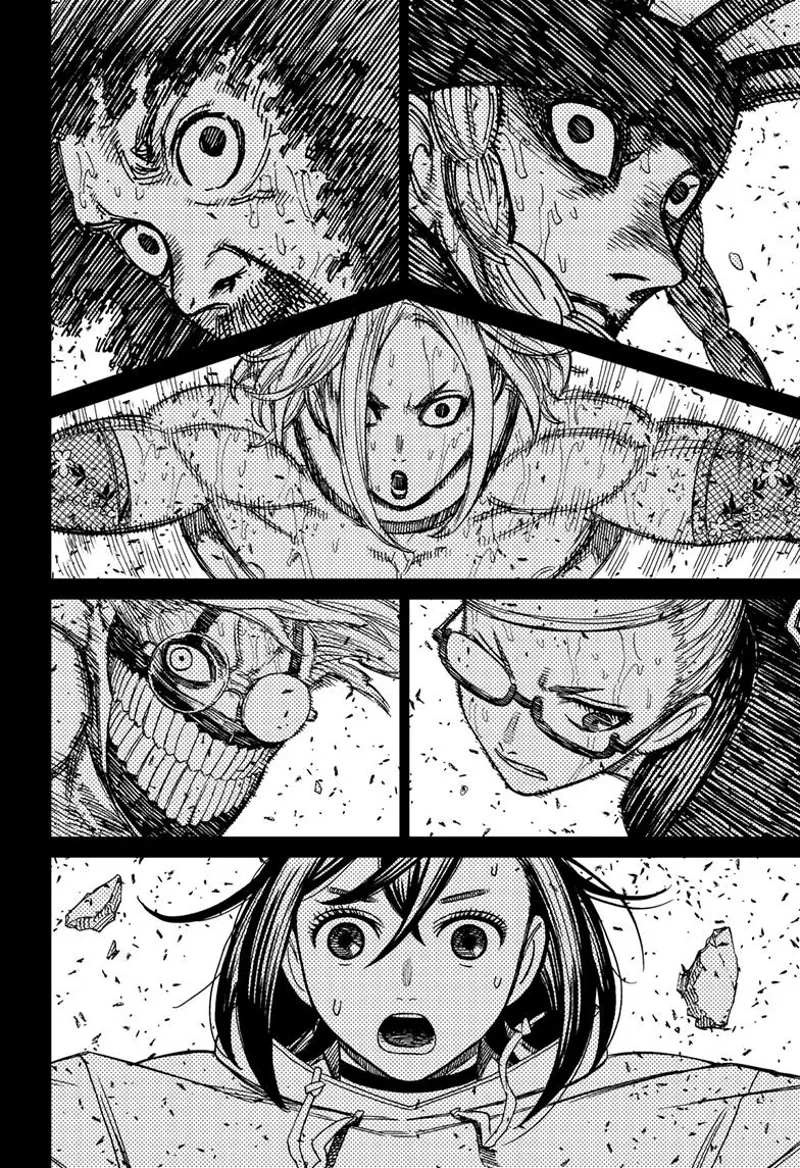The Hayashi Performers, Grandma, cursed Okarun, and Momo are surprised.