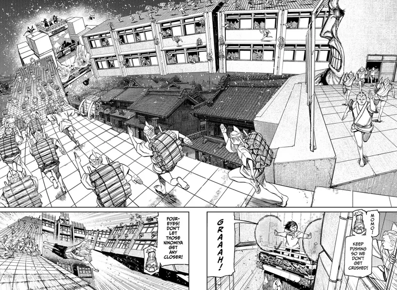 The Ninomiyas run towards the cart. Momo pushes away the monster's palm so they don't get crushed. Okarun protects them.