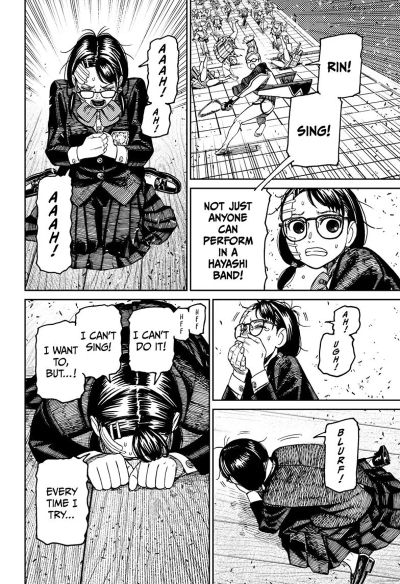 Grandma tells Rin to sing. Rin tries, but she kneels back down, saying she can't.