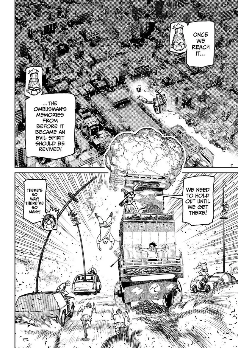 Their parade float is in the middle of the city. The Ninomiyas are jumping with poles to the float like the scene in Mad Max!