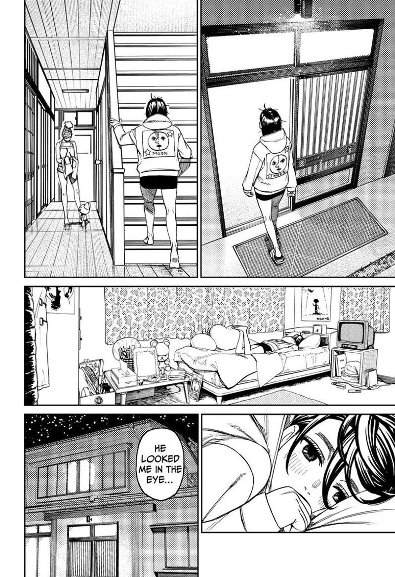 Momo enters the house, walks up the stairs, enters her room, jumps to her bed, and thinks about Okarun looking into her eyes.