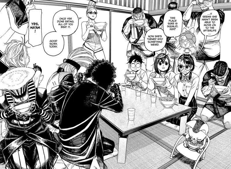 Mai morphs into something weird and stands above Rin's head. The Hayashi Performers & the cart pullers are eating with them.