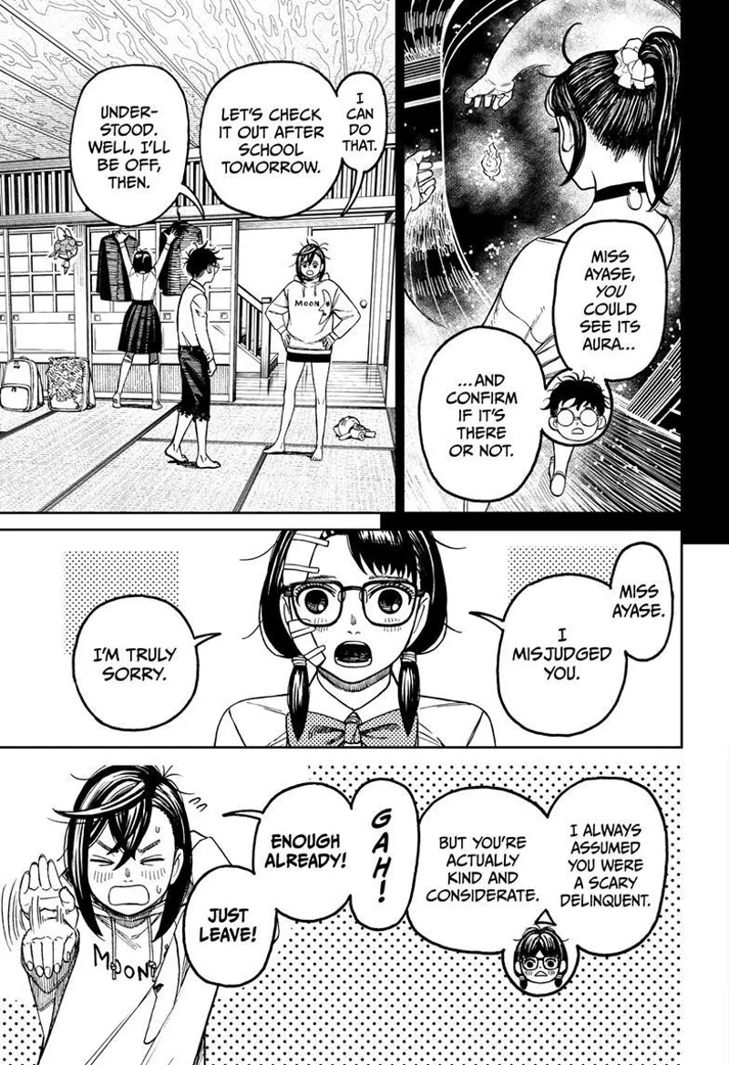 Momo tells Okarun they will investigate it tomorrow after school. Rin apologizes to Momo for her wrong impression of her.