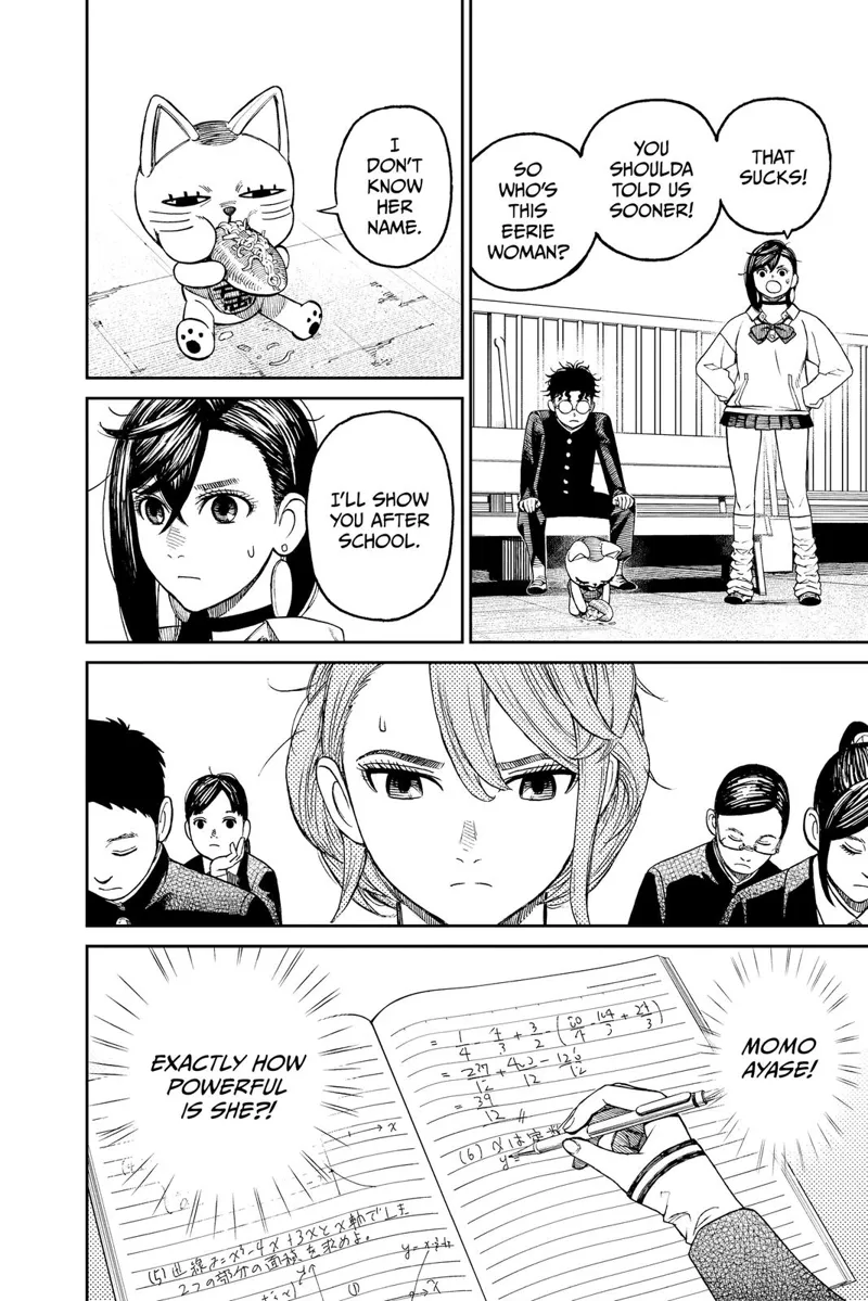 Turbo Granny continues eating as Momo asks about the woman. Meanwhile, Aira is solving math problems in her notebook.