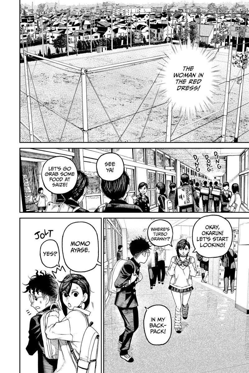 Aira sees the woman in a red dress on the plaza. Students scamper after school, and Momo meets up with Okarun.