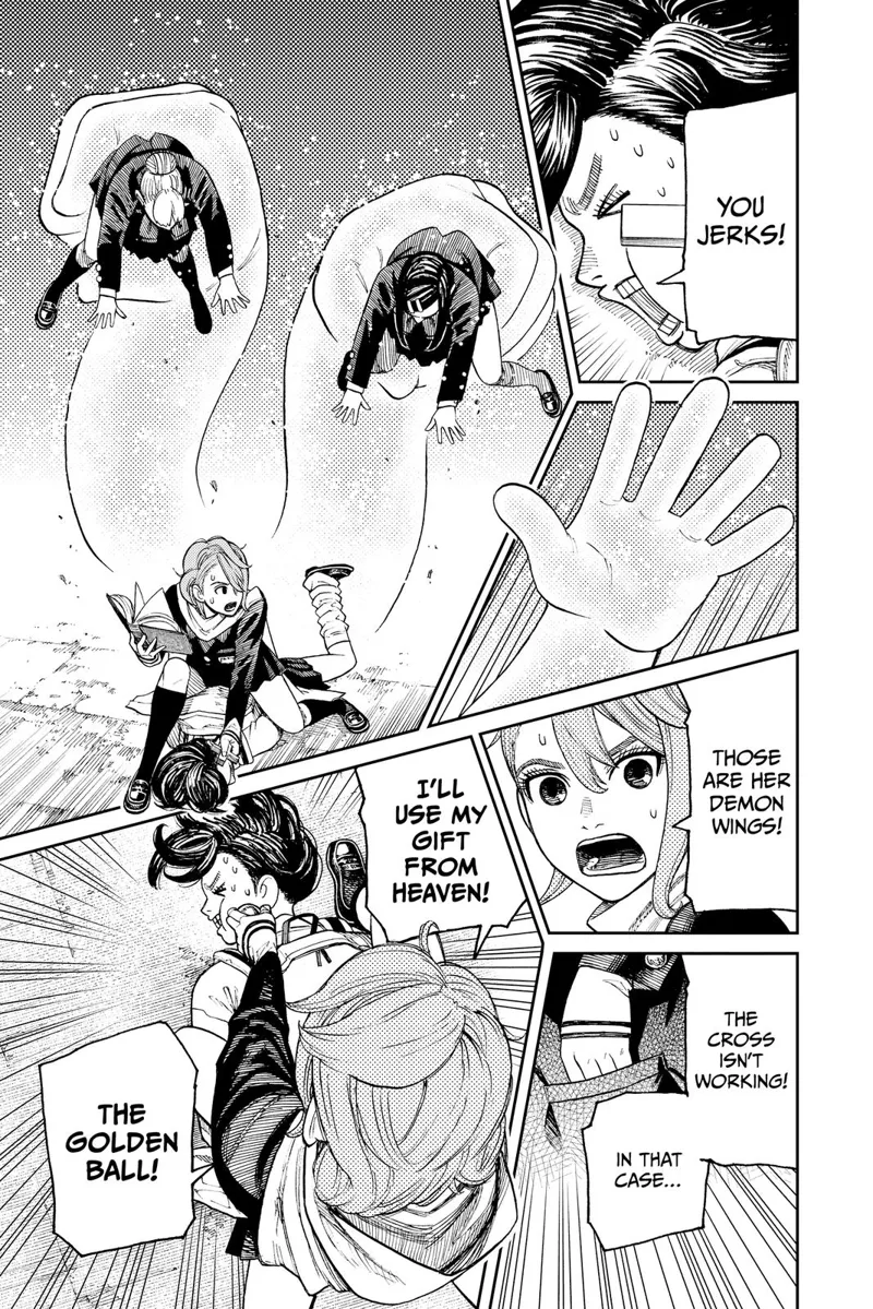 Momo grabs the two students using her two psychic hands. Aira takes out her golden ball and shoves it to Momo's cheek.