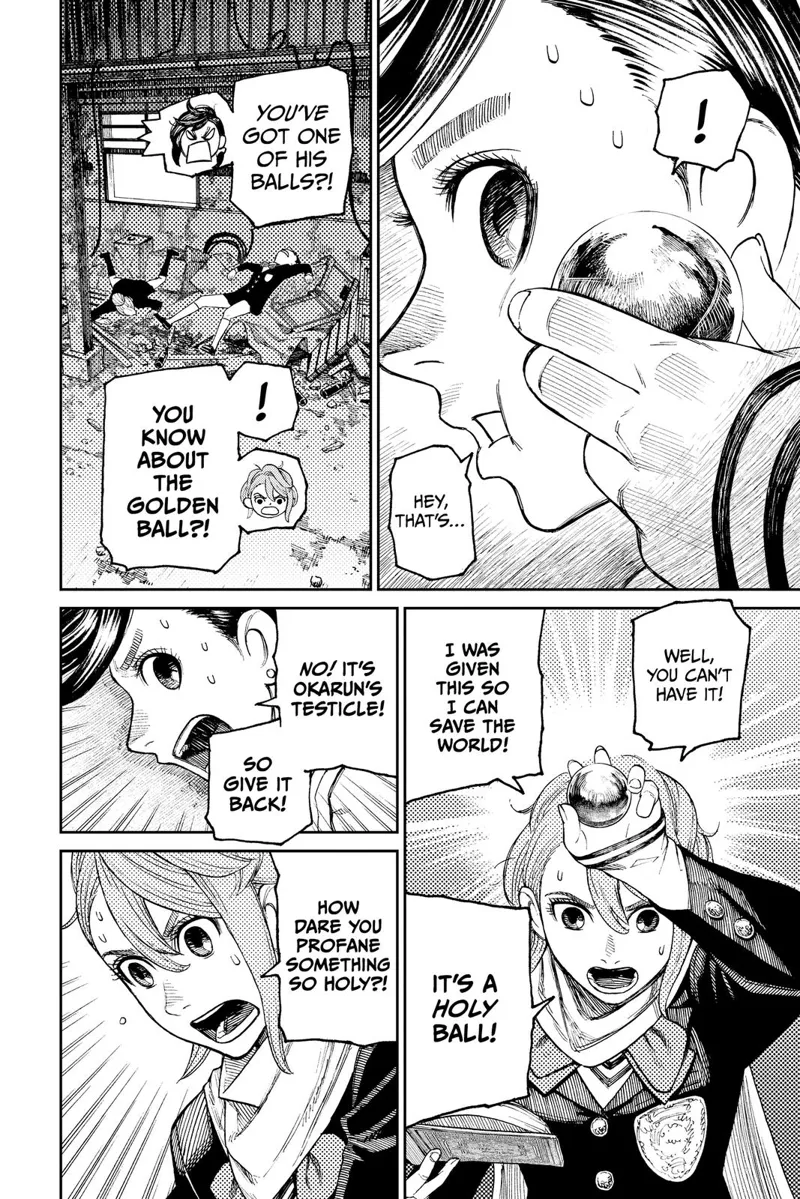 Momo notices the ball, throws the two ladies unconscious, and reveals the golden ball is Okarun's. Aira doesn't believe it.
